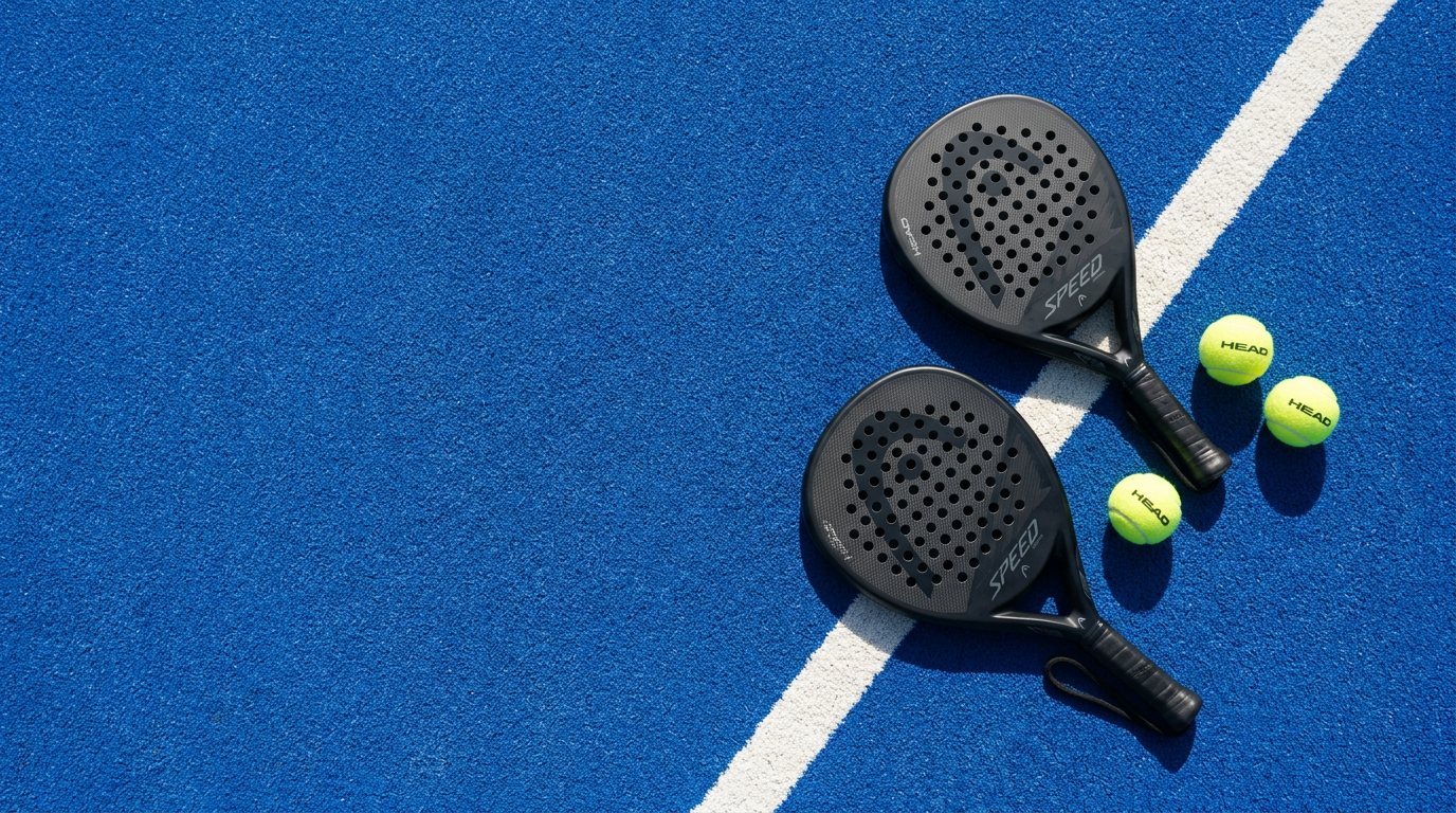 Padel rackets and balls on a blue court