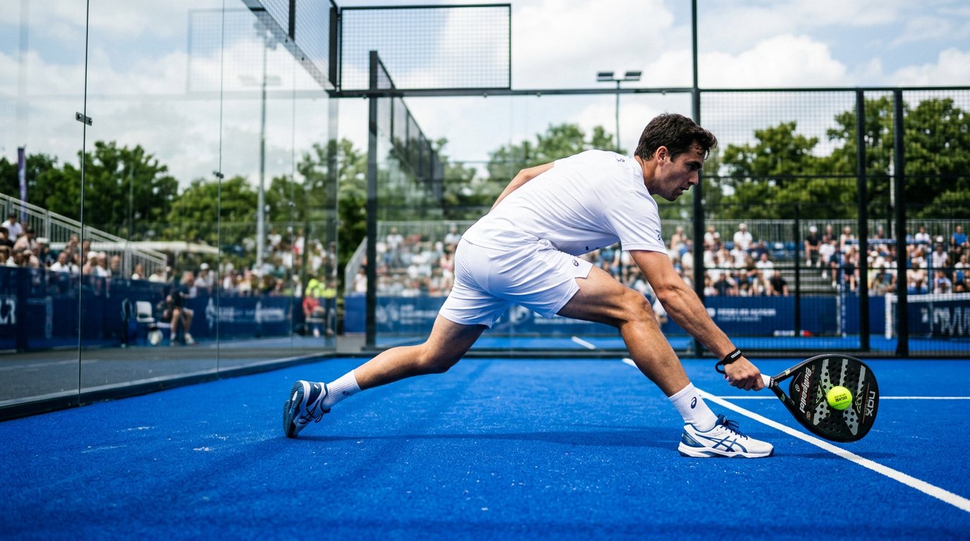 Padel player lunging for a low ball on a blue court